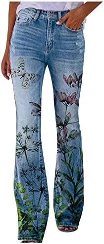 Kadın Zarif Çiçek Baskı Kot Pantolon Rahat Düz Bacak Yüksek Belli Pantolon Klasik Slim Fit dinlenme pantolonu