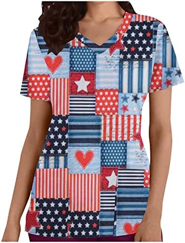 4th Temmuz Üstleri Kadınlar için Rahat Amerikan Bayrağı Baskılı Yurtsever Tee V Boyun kısa kollu tişört Cepler ile