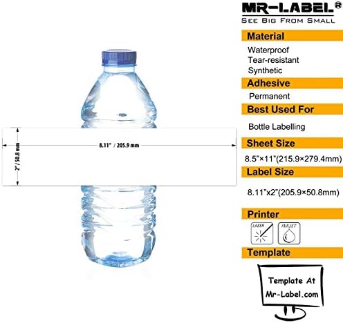 Mr-Label 8.11×2 Su Geçirmez Mat Beyaz Su Şişesi Etiketleri – Mürekkep Püskürtmeli/Lazer Yazıcı için – Kendinden Yapışkanlı