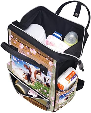 GUEROTKR Seyahat sırt çantası, Bebek bezi çantası sırt çantası, Bebek bezi sırt çantası, Ahşap pencere inekler çayırda