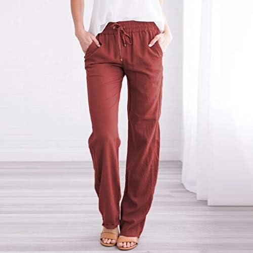 Rahat Yaz Pamuk Keten Pantolon Kadınlar için Geniş Bacak cepli pantolon Baggy Saf Renk Düz Bacak Pantolon plaj pantolonları