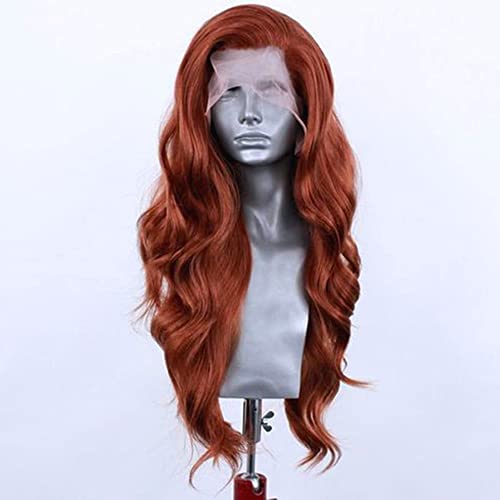 COCOFANS Bakır Kırmızı Uzun Doğal Dalga Sentetik Dantel Ön Peruk Kadınlar için Ücretsiz Bölüm Ön Koparıp Doğal Saç