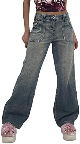 Kadın Vintage Kot Rahat Büyük Boy Kargo Pantolon Düz Bacak Baggy Pantolon Elastik Yüksek Bel Kot Pantolon