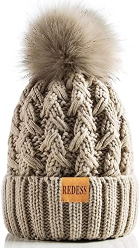 REDESS Kadınlar Kış ponponlu bere Şapka Polar Astarlı Sıcak Şapkalar, Kalın Hımbıl Kar Örgü Çapraz Kap Bayanlar için…