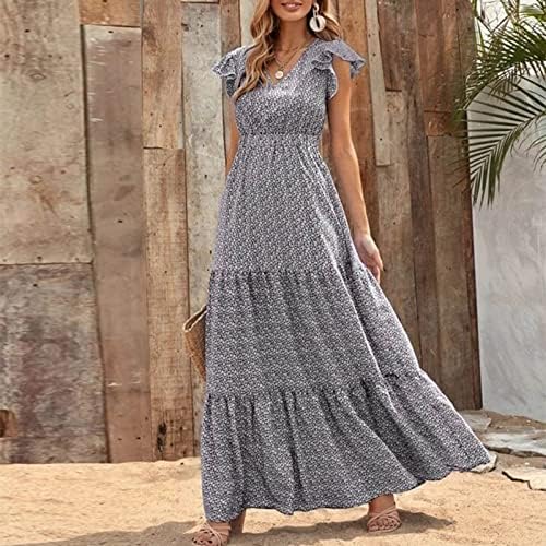 2023 Kadın Yaz Elbiseler Sıcak Fırfır Kollu V Yaka Yüksek Bel Çiçek Baskı Elbiseler Boho Flowy Maxi uzun elbise